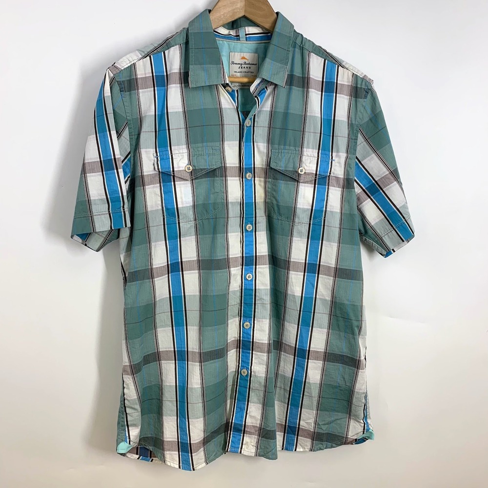 Tommy Bahama Jeans Mens Short Sleeve Button Down Shirt Plaid Island Modern Fit M
